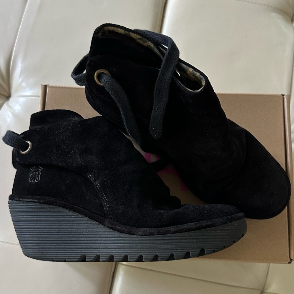 Fly London Black Ankle Suede Booties with Wedge Heel